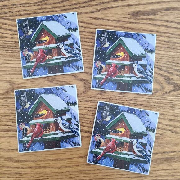 Set Of Four Ceramic Tile Coasters Artwork "Winter Feast" by William Vanderdasson - Picture 2 of 7